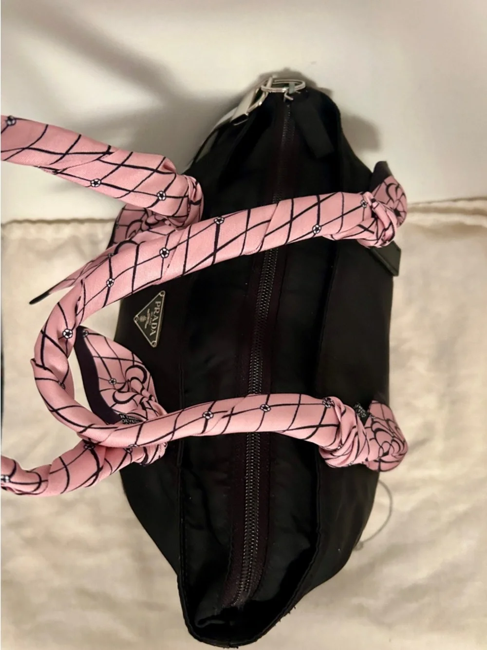 Prada Black Nylon Tote with Pink Scarf-Detail Handles - Picture 7 of 12